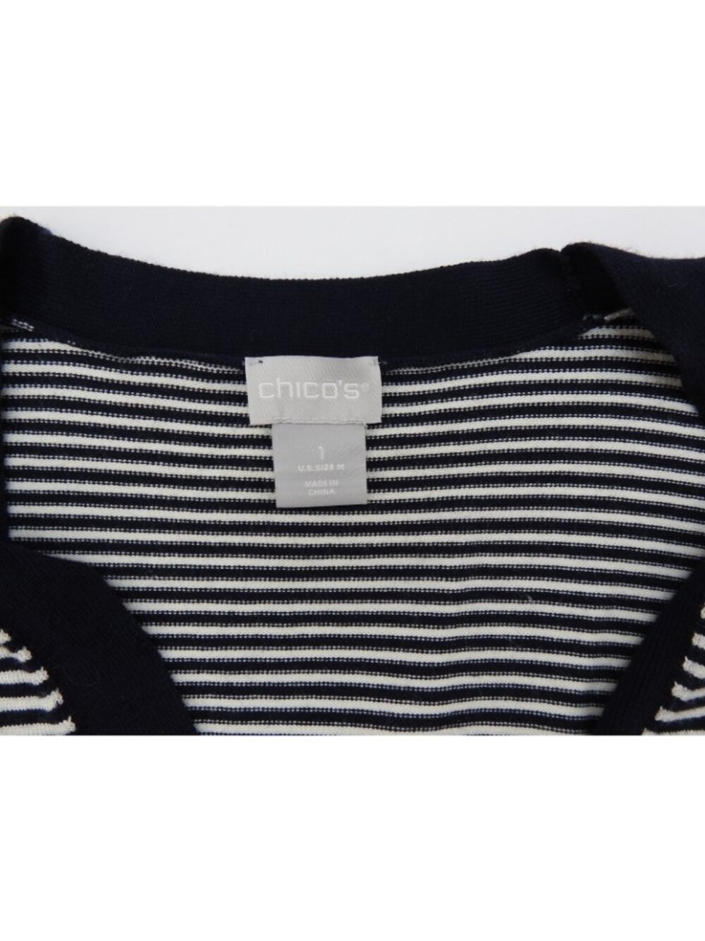 New Chicos Striped Cardigan Size 1 Medium Navy White Button Front Long Sweater - Picture 5 of 7